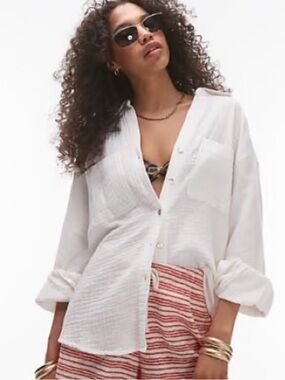 Topshop Ivory Crinkle Textured Button Down